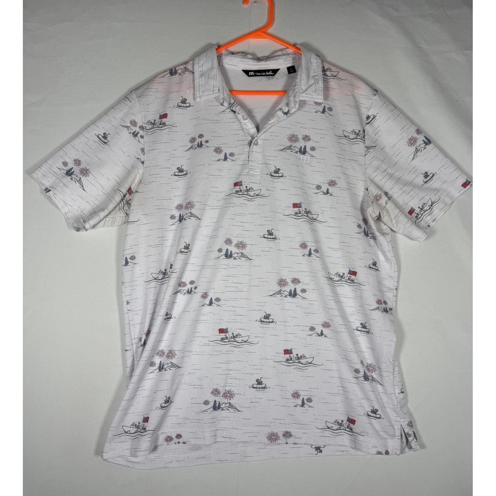 Travis Mathew Shirt Mens XL Lake Break All Over Print White Polo Golf AOP